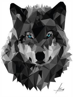 a wolf's head with blue eyes is featured in this low poly art print