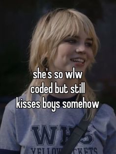 a girl with blonde hair smiling and texting she's so ww coded but still kisses boys somehow