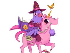 a cartoon character riding on the back of a pink unicorn