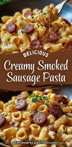 delicious creamy smoked sausage pasta is served in a skillet