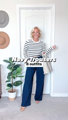 I’ve been wanting some navy trousers & I finally found a really good pair. So I couldn’t help but see how I could style them (and how I could wear them in London!). Which outfit is your favorite??! I’m wearing a size 2 (regular length, bc the petite length is sold out). But these are on sale 60% off (now only $32!) and are a comfortable crepe material. TO SHOP: • comment TROUSERS • click on the link in my bio • follow my shop @onelifeandstyle on the @shop.LTK app. https://liketk.it/4CdVH ... Navy Bottoms Outfit, Navy Cullote Outfit, How To Style Wide Leg Trousers Work, Wide Leg Blue Trousers Outfit, Navy Pants Outfit Summer, Navy Trousers Outfit Women Casual, Navy Paper Bag Pants Outfit, Navy Office Outfit, How To Wear Navy Pants