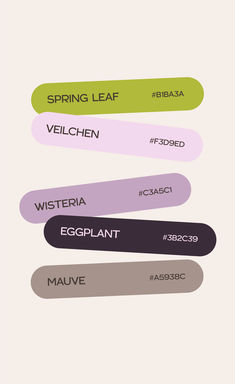 four different colored labels with the words spring leaf, veilchen, and eggplant