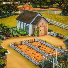 an artist's rendering of a farm with a barn and vegetable garden