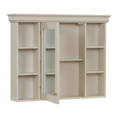 an empty white cabinet with shelves and doors