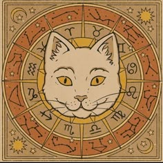 a white cat with yellow eyes and zodiac signs on it's face is shown