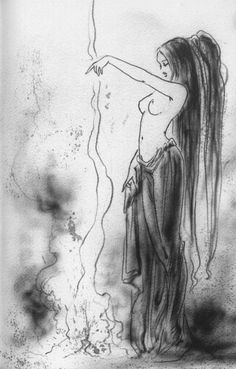 a black and white drawing of a woman with long hair standing in front of a wall