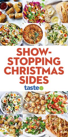 the cover of show stopping christmas sides, with many different types of food on plates