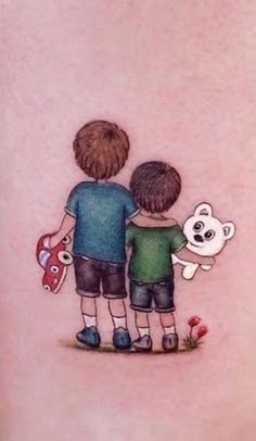 a couple of kids standing next to each other with a bear tattoo on their back