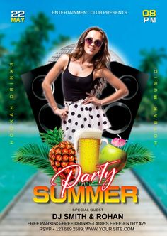 a flyer for a summer party with a woman holding a beer and pineapples