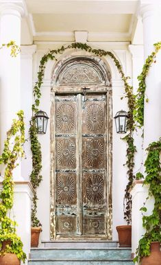 an ornate wooden door with ivy growing on the side and steps leading up to it