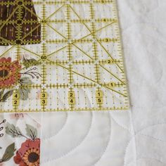 a quilter's ruler is laying on top of a piece of fabric with flowers and leaves