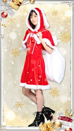 a woman dressed as santa clause holding shopping bags in front of snowflakes and christmas decorations