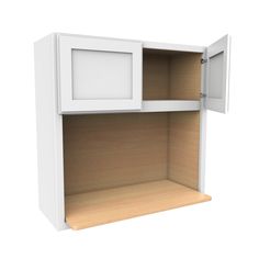 a white cabinet with an open door on the side and two shelves below it that are closed