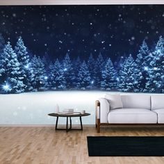 a living room filled with furniture and a large wall mural covered in snowflakes