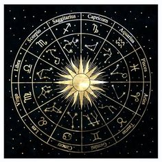 an astro wheel with the sun and zodiac signs in gold on a black background framed print