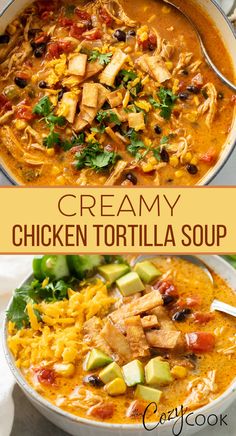 creamy chicken tortilla soup in a white bowl with cilantro, tomatoes, and cheese Creamy Chicken Tortilla Soup, Homemade Soup Recipe, Fall Soup Recipes, Yard House, Fall Soups, Chicken Tortilla Soup