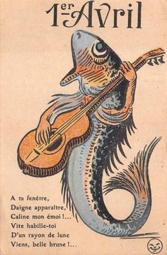 an old book with a drawing of a fish holding a guitar