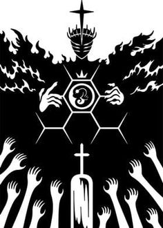 black and white illustration of hands reaching towards a cross with flames coming out of it