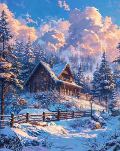 a painting of a cabin in the snow