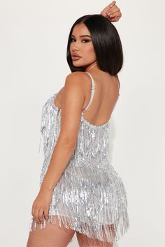 Available In Red And Silver. Sequin Fringe Mini Dress V-Neckline Adjustable Spaghetti Strap Pointed Hem Side Zipper Lined Stretch 100% Polyester Imported | Selena Sequin Fringe Mini Dress in Silver size 1X by Fashion Nova Sequin Fringe Dress, Fringe Mini Dress, Red And Silver, Fringe Dress, Club Style, Silver Dress, Silver Sequin, Silver Fashion, Side Zipper