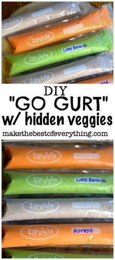 five different types of veggies in plastic bags with the words gogurt written on