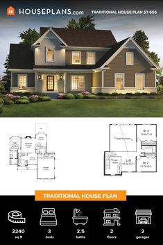 the floor plan for a traditional house plan with three bedroom, two bathroom and an attached garage