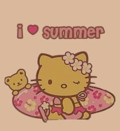 an image of a hello kitty holding a teddy bear in her arms with the words i love summer written above it