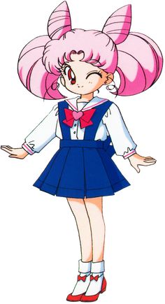 an anime character with pink hair and blue dress