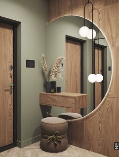 a mirror and stool in a room