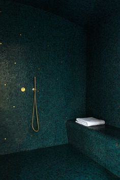 a green tiled bathroom with a gold shower head and hand held faucet in the corner