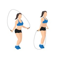 a woman in blue top and black shorts is doing exercises with skipping rope on white background royalty