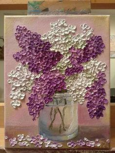 a painting of purple and white flowers in a mason jar