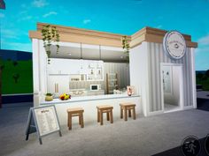 an animated rendering of a small kitchen with stools and tables in front of the counter