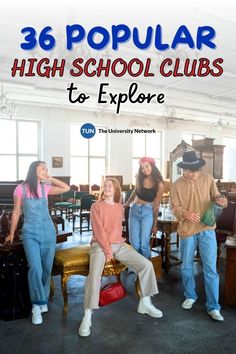 people standing and sitting in an office with the words, 35 popular high school clubs to explore