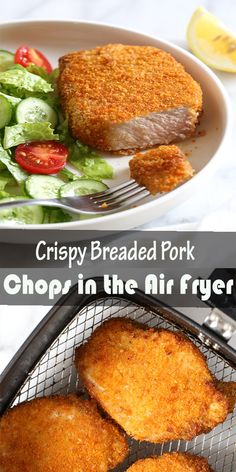 crispy breaded pork chops in the air fryer with salad and lemon wedges