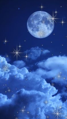 the full moon is shining brightly in the night sky with stars and clouds all around it