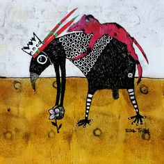 a drawing of a bird with a crown on it's head standing in the dirt