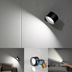 three different views of a light that is on the side of a wall and in front of a couch