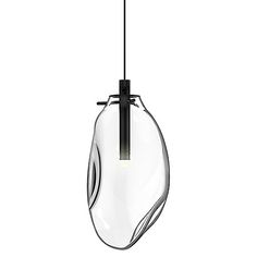 a clear glass light hanging from a black cord