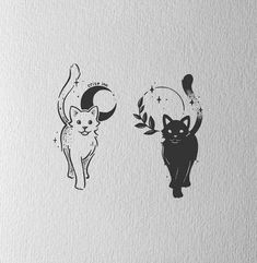 two black and white drawings of cats on paper