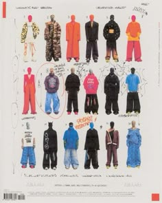 an advertisement for men's clothing from the early 1990s, featuring different types of jackets and pants