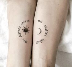 two people with matching tattoos on their arms, one has a sun and the other has a moon