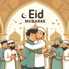 two men hugging each other in front of an arch with the words eid mubarak written on it