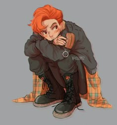 an orange haired man sitting on top of a chair next to a tartan blanket