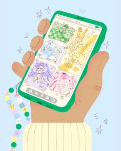 a hand holding a cell phone with stickers on the screen and an image of cartoon characters