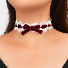 This Unique Burgundy Piece Is A Wonderful Addition To Your Wardrobe And Your Style; Sure To Get Lots Of Compliments! Gsun0y50000hv8u Enchanting Jewelry, Velvet Ribbon Bow, Victorian Choker, Aries Necklace, Red Choker, Bow Choker, Silhouette Necklace, Heart Costume, White Choker