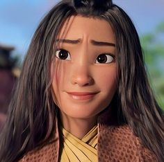 an animated image of a woman with long dark hair and brown eyes wearing a yellow shirt