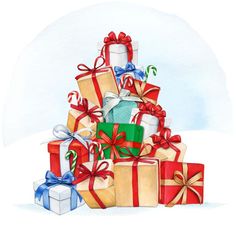 a watercolor painting of presents stacked on top of each other with ribbons and bows