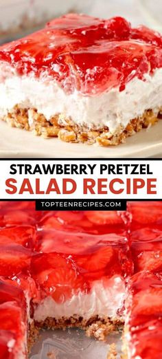 strawberry pretzel salad recipe on a white plate