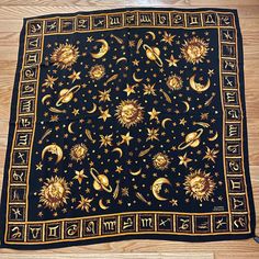 Excellent Condition Silk Black Printed Planetarium Scarf Sun Moon Stars Large Silk Scarf, Sun Moon Stars, Versace Accessories, Moon Stars, Accessories Vintage, Gianni Versace, Sun Moon, Black Print, Stars And Moon